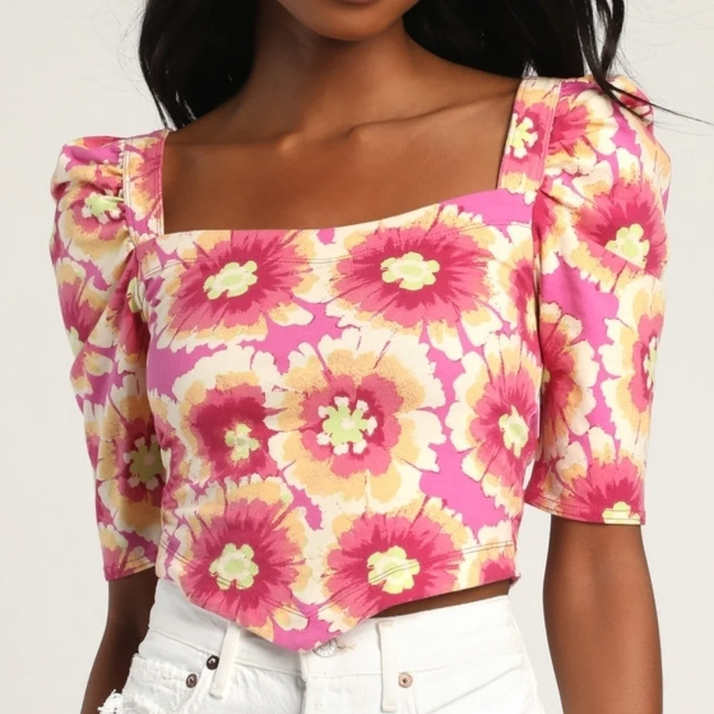 Free People Give Me More Pink Multi Floral Half Sleeve Crop Top Crisscross Back